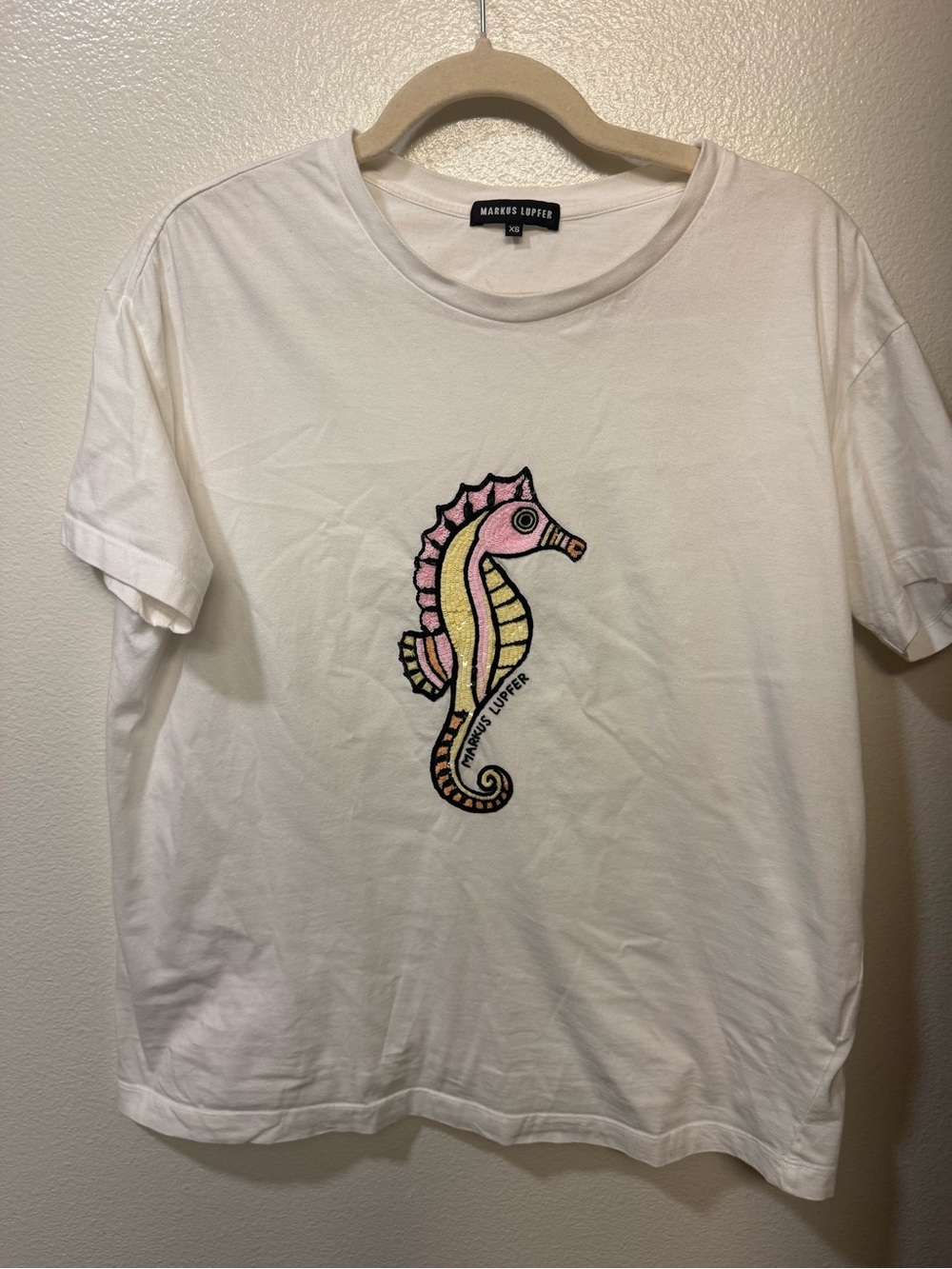 Markus Lupfer White T-Shirt with Pink & Yellow Seahorse